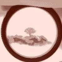 The original image recolored, dithered using Atkinson, reduced colors and resized to 200x200